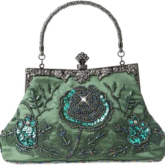 Handbags - Womens Vintage Floral Beaded Rhinestone Embroidery Clutch Sequin Crossbody Bag E